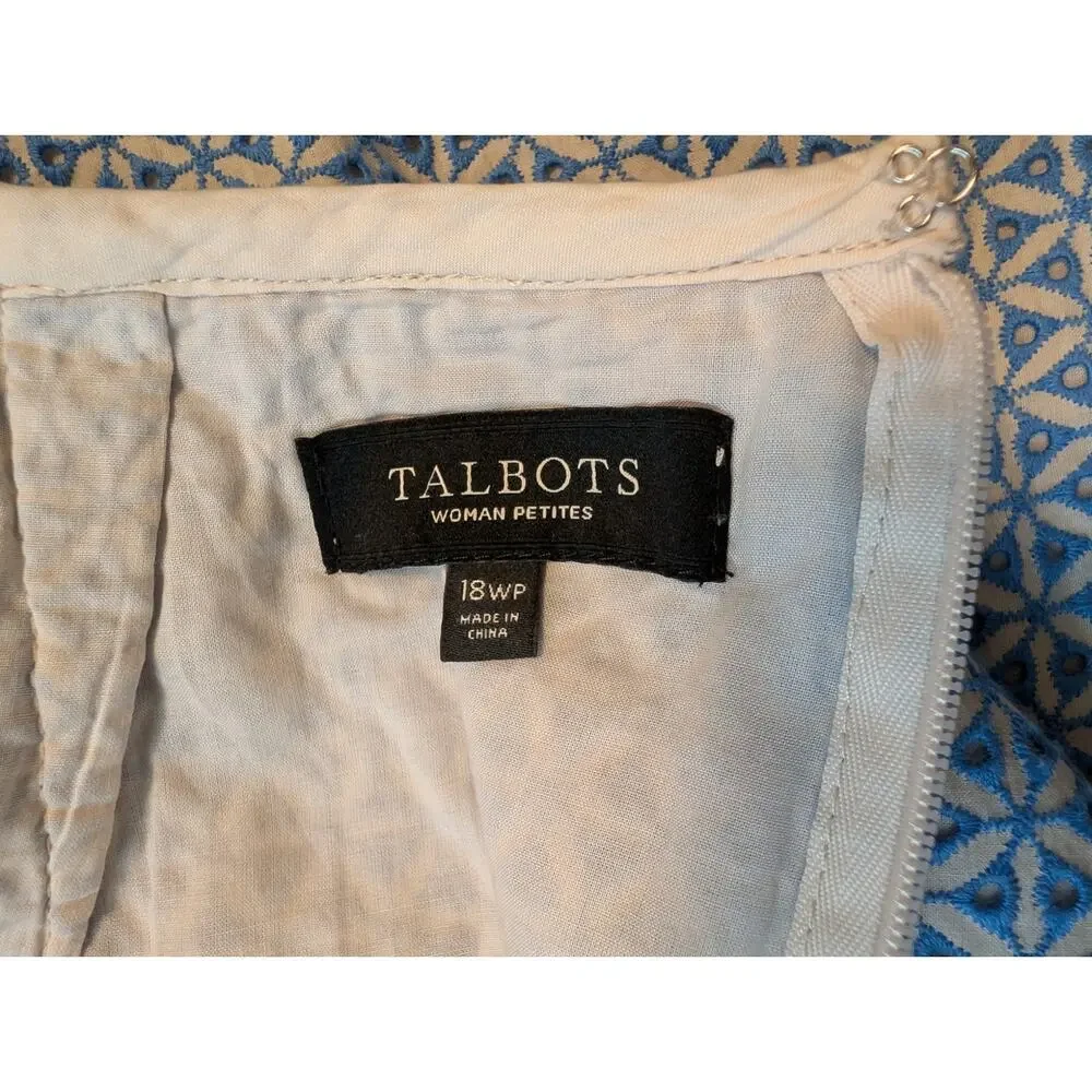 Talbots Woman Petite Size 18WP Blue Geometric Embroidered Cotton Pencil Skirt